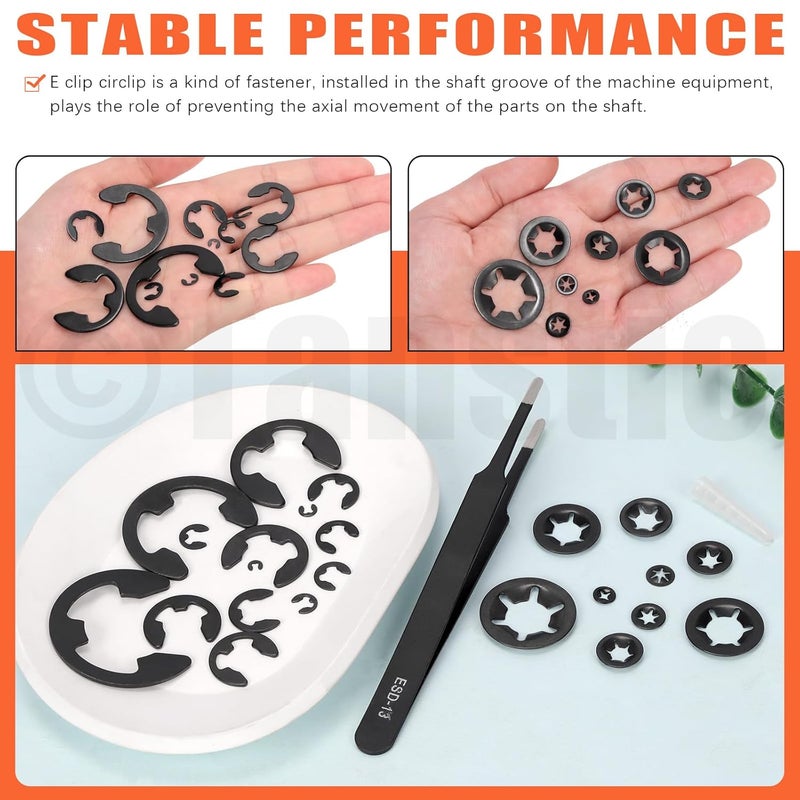 Tanstic 260Pcs Internal Tooth Star Lock Washers and E-Clip Push On Locking Washers Quick Speed Locking Washers External Retaining Ring with Tweezers for Machinery Equipment, Bearings, Shafts - Image 5